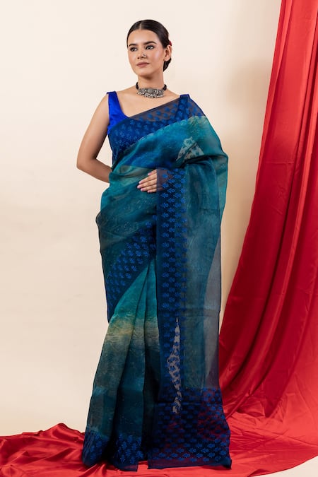 TaBa Kashi By Artika Shah Blue Kota Floral Embroidered Saree With Running Blouse  