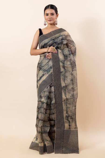 TaBa Kashi By Artika Shah Beige Kota Scallop Striped Saree With Running Blouse  