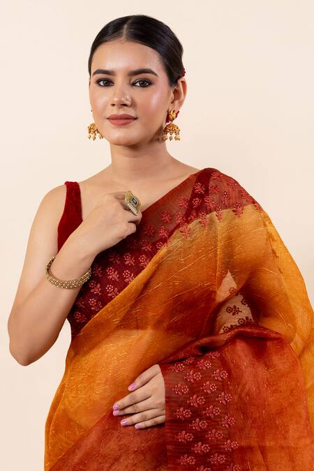 Taba Kashi By Artika Shah_Yellow Kota Doria Embroidery Floral Thread Saree With Running Blouse_Online_at_Aza_Fashions