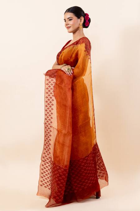 Buy_Taba Kashi By Artika Shah_Yellow Kota Doria Embroidery Floral Thread Saree With Running Blouse_Online_at_Aza_Fashions