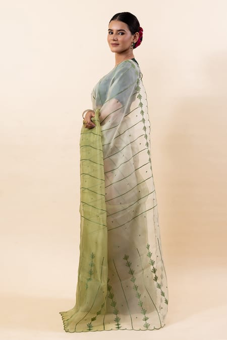 Shop_Taba Kashi By Artika Shah_Green Kora Scallop Border Saree With Running Blouse _Online_at_Aza_Fashions
