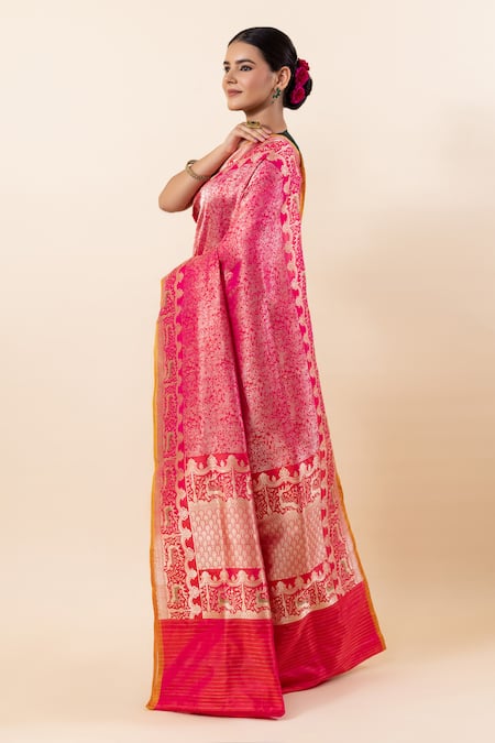 Buy_Taba Kashi By Artika Shah_Pink Kota Doria Embroidery Handloom Shikargah Ambose Saree With Running Blouse_Online_at_Aza_Fashions