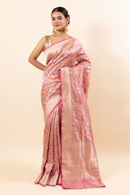 TaBa Kashi By Artika Shah Pink Katan Silk Handloom Bird Jaal Pattern Saree With Running Blouse 