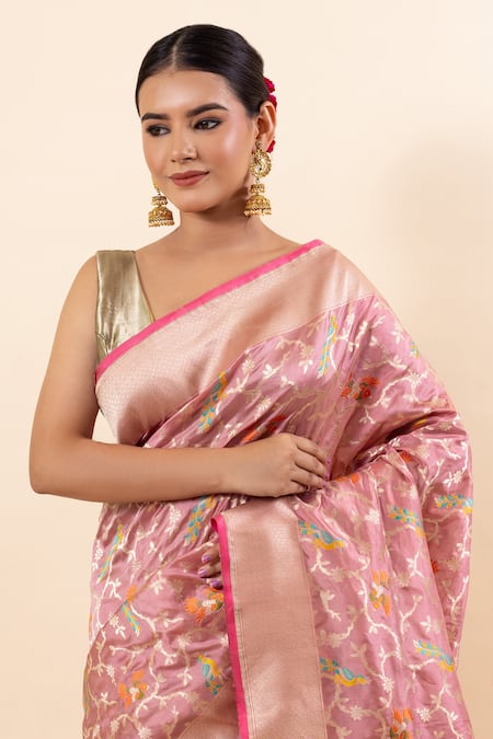 Buy_Taba Kashi By Artika Shah_Pink Kota Doria Embroidery Handloom Bird Jaal Pattern Saree With Running Blouse_Online_at_Aza_Fashions