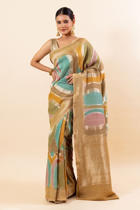 TaBa Kashi By Artika Shah Beige Tussar Silk Striped Pattern Saree With Running Blouse  