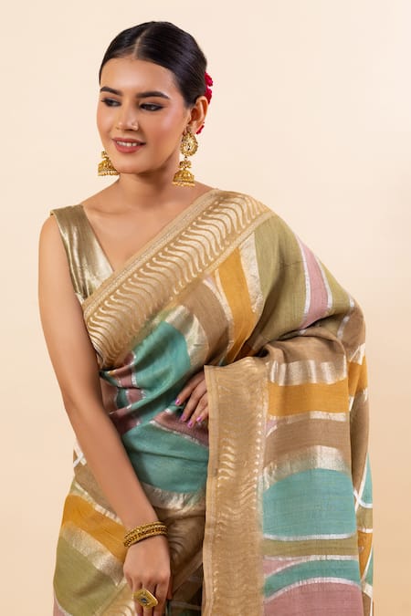 Buy_Taba Kashi By Artika Shah_Beige Tussar Silk Striped Pattern Saree With Running Blouse _Online_at_Aza_Fashions