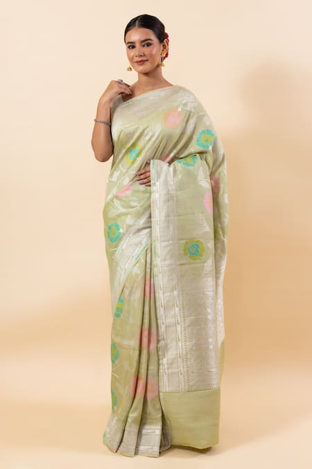 TaBa Kashi By Artika Shah Green Tussar Silk Woven Floral Jaal Resham Saree With Running Blouse  