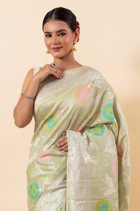 Taba Kashi By Artika Shah_Green Tussar Zari Resham Woven Saree With Running Blouse_Online_at_Aza_Fashions