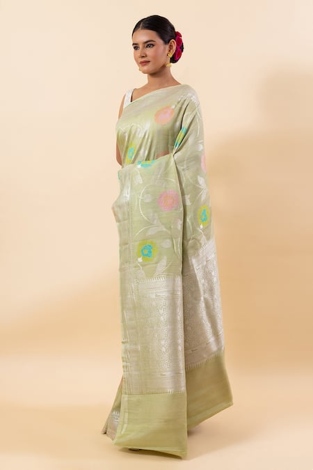 Buy_Taba Kashi By Artika Shah_Green Tussar Zari Resham Woven Saree With Running Blouse_Online_at_Aza_Fashions