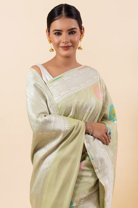 Shop_Taba Kashi By Artika Shah_Green Tussar Zari Resham Woven Saree With Running Blouse_Online_at_Aza_Fashions