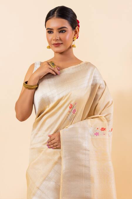Taba Kashi By Artika Shah_Beige Tussar Embroidery Tifli Butta Handloom Saree With Running Blouse_Online_at_Aza_Fashions