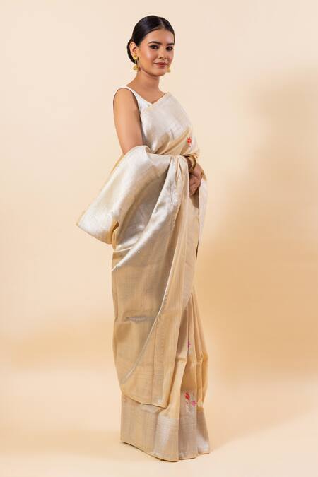 Shop_Taba Kashi By Artika Shah_Beige Tussar Embroidery Tifli Butta Handloom Saree With Running Blouse_Online_at_Aza_Fashions