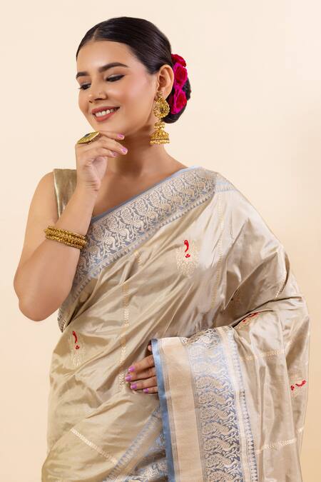 Taba Kashi By Artika Shah Beige Kota Doria Embroidery Alfi Butta Handloom Saree With Running Blouse Online at Aza Fashions Taba Kashi By Artika Shah_Beige Kota Doria Embroidery Alfi Butta Handloom Saree With Running Blouse_Online_at_Aza_Fashions