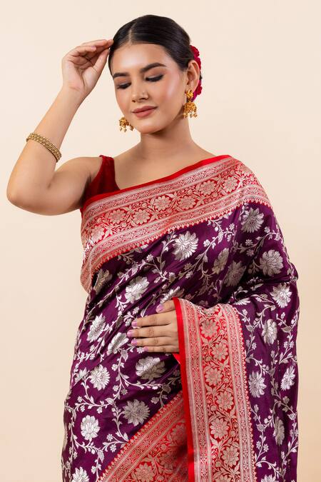 Taba Kashi By Artika Shah_Wine Kota Doria Zari Floral Jaal Pattern Saree Wit Running Blouse_Online_at_Aza_Fashions