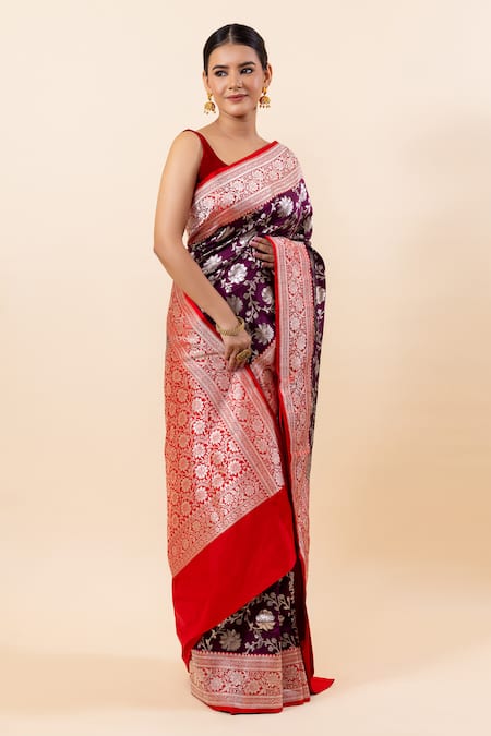 Shop_Taba Kashi By Artika Shah_Wine Kota Doria Zari Floral Jaal Pattern Saree Wit Running Blouse_Online_at_Aza_Fashions