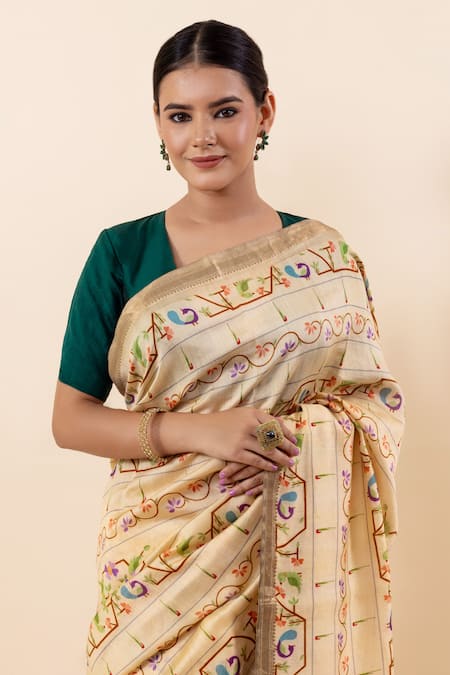 Shop_Taba Kashi By Artika Shah_Beige Chiffon Botanical Print Saree With Running Blouse_Online_at_Aza_Fashions