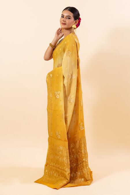 Buy_Taba Kashi By Artika Shah_Yellow Crepe Embroidery Alfi Butta Crinkled Saree With Running Blouse_Online_at_Aza_Fashions