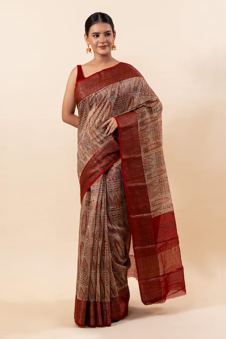 TaBa Kashi By Artika Shah Kashmiri Block Print Saree With Running Blouse 