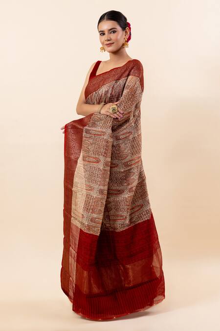 Buy_Taba Kashi By Artika Shah_Beige Chanderi Embroidery Kashmiri Block Print Saree With Running Blouse_Online_at_Aza_Fashions