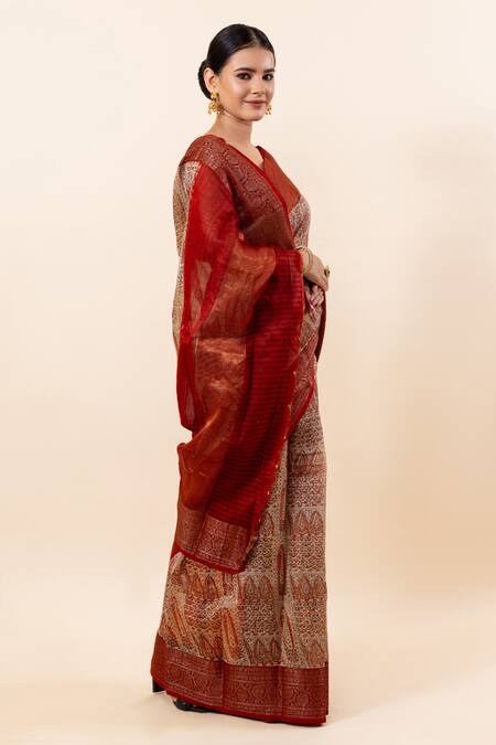 Shop_Taba Kashi By Artika Shah_Beige Chanderi Embroidery Kashmiri Block Print Saree With Running Blouse_Online_at_Aza_Fashions