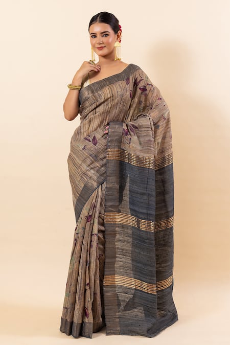 TaBa Kashi By Artika Shah Grey Tussar Digital Print Leaf Saree With Running Blouse  