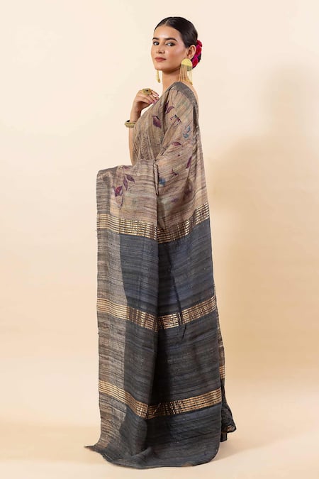 Buy_Taba Kashi By Artika Shah_Grey Tussar Leaf Print Saree With Running Blouse_Online_at_Aza_Fashions