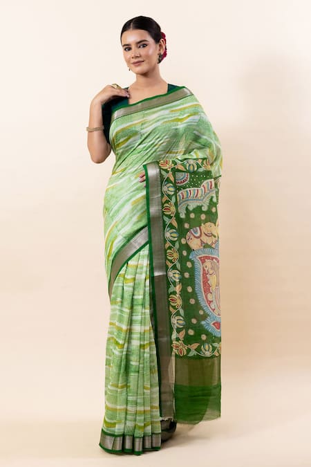 TaBa Kashi By Artika Shah Green Chanderi Silk Digital Print Madhubani Saree With Running Blouse  