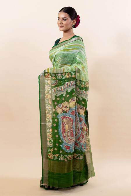 Taba Kashi By Artika Shah_Green Chanderi Silk Madhubani Print Saree With Running Blouse_Online_at_Aza_Fashions