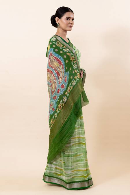 Buy_Taba Kashi By Artika Shah_Green Chanderi Silk Madhubani Print Saree With Running Blouse_Online_at_Aza_Fashions
