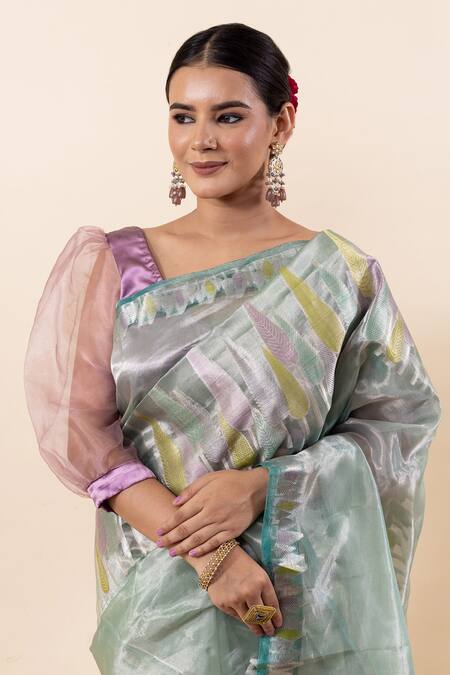 Taba Kashi By Artika Shah_Green Tissue Leaf Pattern Saree With Running Blouse_Online_at_Aza_Fashions