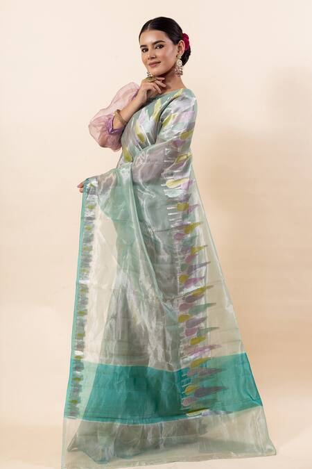 Buy_Taba Kashi By Artika Shah_Green Tissue Leaf Pattern Saree With Running Blouse_Online_at_Aza_Fashions