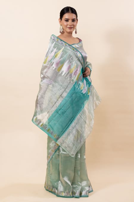 Shop_Taba Kashi By Artika Shah_Green Tissue Leaf Pattern Saree With Running Blouse_Online_at_Aza_Fashions