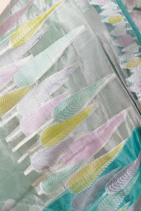 Taba Kashi By Artika Shah_Green Tissue Leaf Pattern Saree With Running Blouse_at_Aza_Fashions