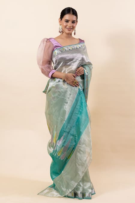 Buy_Taba Kashi By Artika Shah_Green Tissue Leaf Pattern Saree With Running Blouse