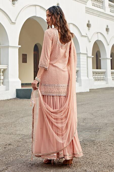 Amitabh Malhotra Peach Georgette And Soft Net Geometric Jaal Tunic Sharara Set Online at Aza Fashions Amitabh Malhotra_Peach Georgette And Soft Net Geometric Jaal Tunic Sharara Set _Online_at_Aza_Fashions