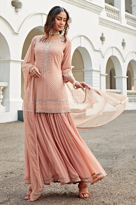 Buy Amitabh Malhotra Peach Georgette And Soft Net Geometric Jaal Tunic Sharara Set Online at Aza Fashions Buy_Amitabh Malhotra_Peach Georgette And Soft Net Geometric Jaal Tunic Sharara Set _Online_at_Aza_Fashions