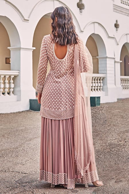 Amitabh Malhotra Pink Georgette And Soft Net Embroidery Luneville Tunic Sharara Set Online at Aza Fashions Amitabh Malhotra_Pink Georgette And Soft Net Embroidery Luneville Tunic Sharara Set _Online_at_Aza_Fashions
