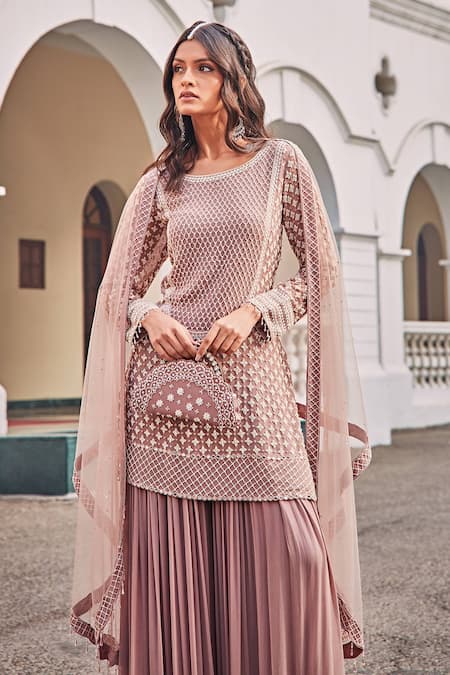 Buy Amitabh Malhotra Pink Georgette And Soft Net Embroidery Luneville Tunic Sharara Set Online at Aza Fashions Buy_Amitabh Malhotra_Pink Georgette And Soft Net Embroidery Luneville Tunic Sharara Set _Online_at_Aza_Fashions