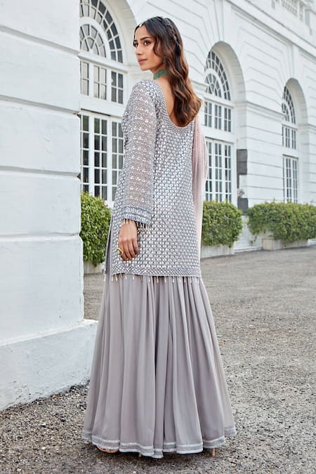 Amitabh Malhotra Grey Georgette And Soft Net Embroidery Mirror Hand Tunic Sharara Set Online at Aza Fashions Amitabh Malhotra_Grey Georgette And Soft Net Embroidery Mirror Hand Tunic Sharara Set _Online_at_Aza_Fashions