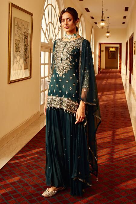 Buy_Amitabh Malhotra_Green Georgette And Soft Net Embroidery Floral Tunic Sharara Set  _Online_at_Aza_Fashions