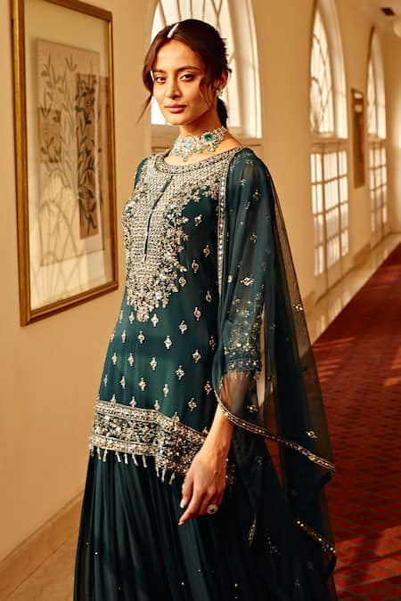 Shop_Amitabh Malhotra_Green Georgette And Soft Net Embroidery Floral Tunic Sharara Set  _Online_at_Aza_Fashions