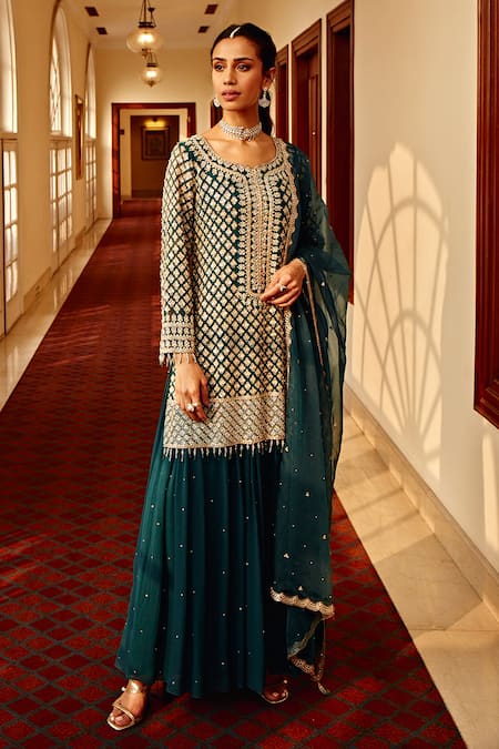 Amitabh Malhotra Green Georgette And Organza Floral Art Work Tunic Sharara Set  