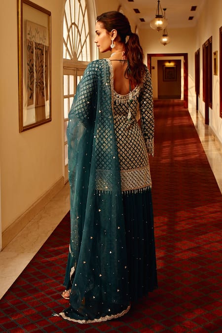 Amitabh Malhotra Green Georgette And Organza Floral Art Work Tunic Sharara Set Online at Aza Fashions Amitabh Malhotra_Green Georgette And Organza Floral Art Work Tunic Sharara Set _Online_at_Aza_Fashions