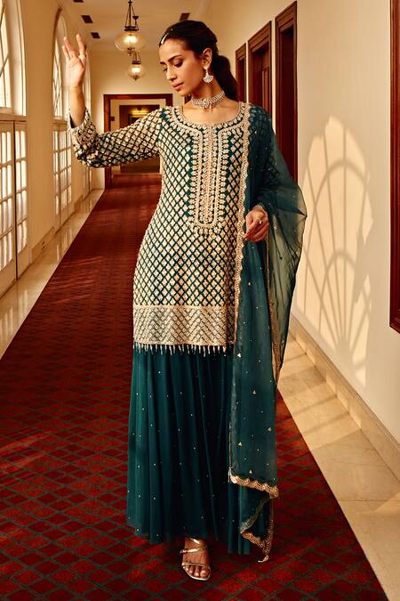 Buy Amitabh Malhotra Green Georgette And Organza Floral Art Work Tunic Sharara Set Online at Aza Fashions Buy_Amitabh Malhotra_Green Georgette And Organza Floral Art Work Tunic Sharara Set _Online_at_Aza_Fashions