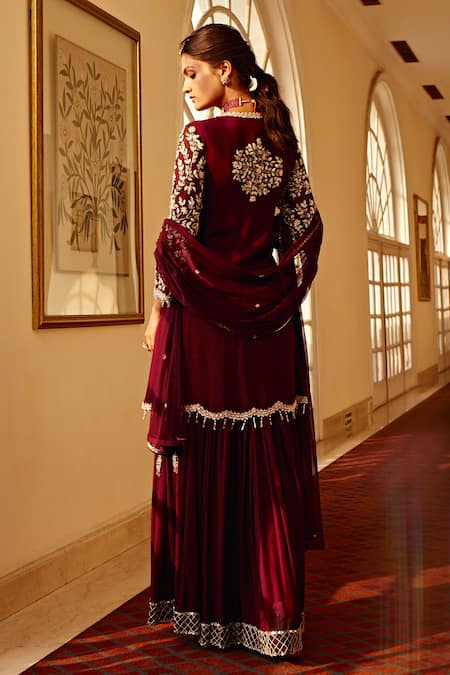 Amitabh Malhotra_Wine Georgette And Soft Net Embroidery Floral Flower Tunic Sharara Set  _Online_at_Aza_Fashions