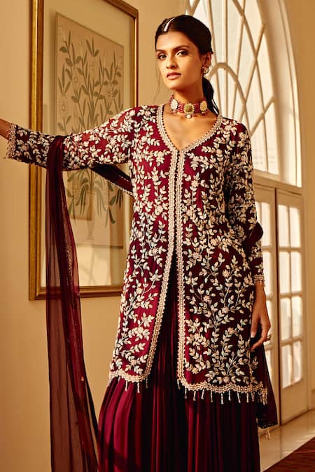 Buy_Amitabh Malhotra_Wine Georgette And Soft Net Embroidery Floral Flower Tunic Sharara Set  _Online_at_Aza_Fashions