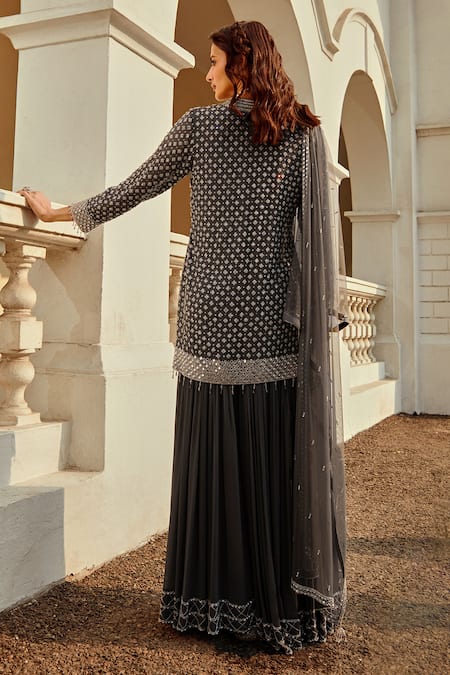 Amitabh Malhotra Grey Georgette And Soft Net Hand Embroidery Floral V Tunic Sharara Set Online at Aza Fashions Amitabh Malhotra_Grey Georgette And Soft Net Hand Embroidery Floral V Tunic Sharara Set _Online_at_Aza_Fashions