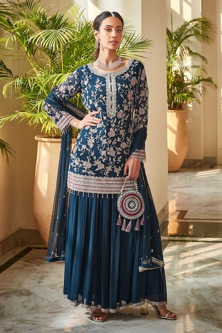 Amitabh Malhotra Blue Georgette And Soft Net Embroidery Luneville & Tunic Sharara Set  