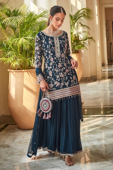 Buy_Amitabh Malhotra_Blue Georgette And Soft Net Embroidery Luneville & Tunic Sharara Set  _Online_at_Aza_Fashions