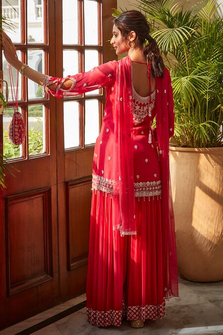 Amitabh Malhotra Pink Georgette And Soft Net Embroidery Floral Bloom Tunic Sharara Set Online at Aza Fashions Amitabh Malhotra_Pink Georgette And Soft Net Embroidery Floral Bloom Tunic Sharara Set _Online_at_Aza_Fashions